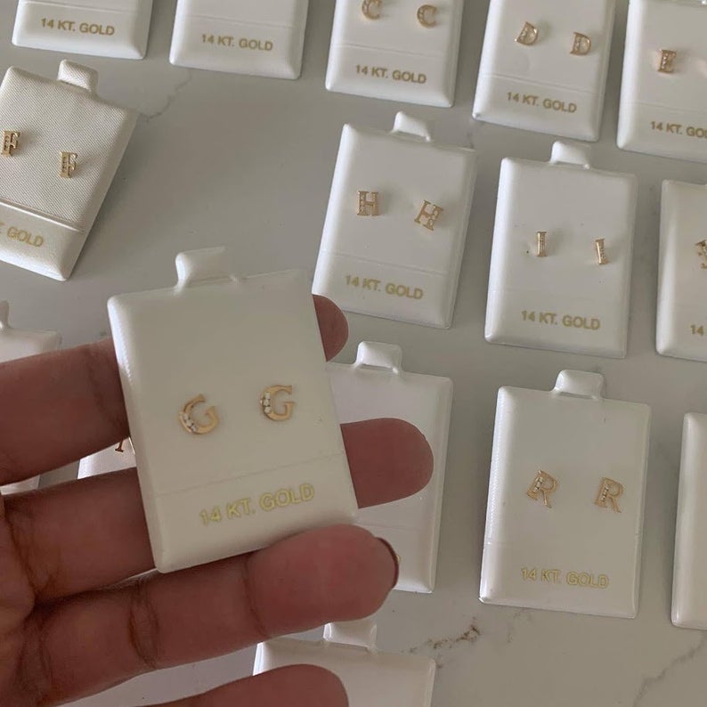 14K Yellow Solid Gold Initial Studs with CZs