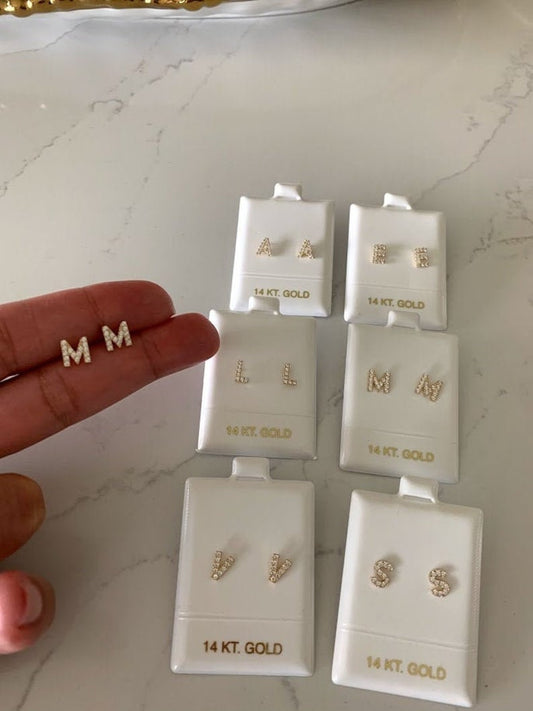 14K Solid Gold Pave Initial Earrings