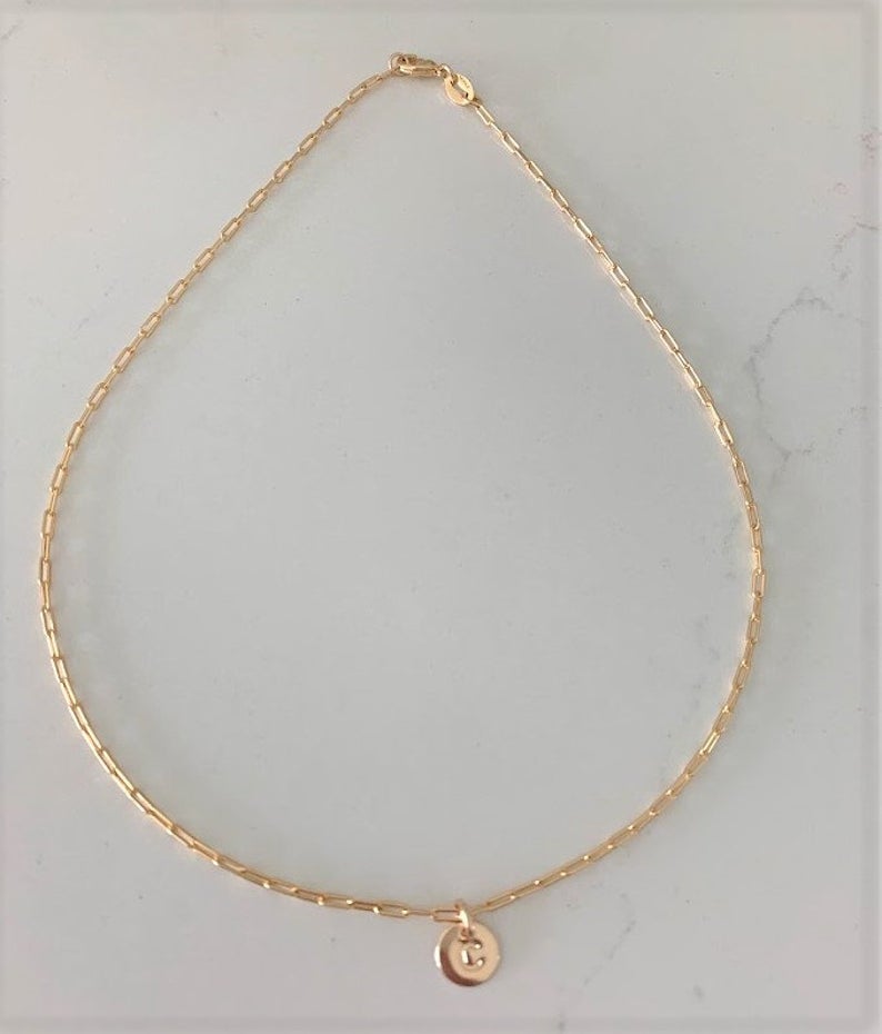 Disc Initial & Tiny Paper Clip Necklace