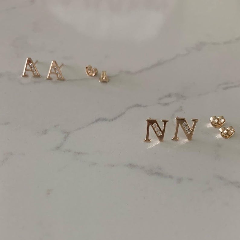 14K Yellow Solid Gold Initial Studs with CZs