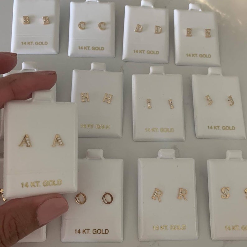 14K Yellow Solid Gold Initial Studs with CZs