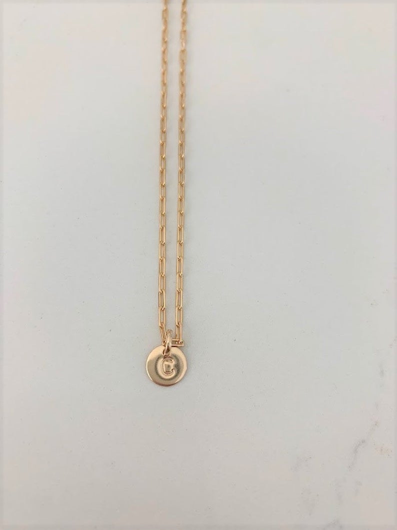 Disc Initial & Tiny Paper Clip Necklace