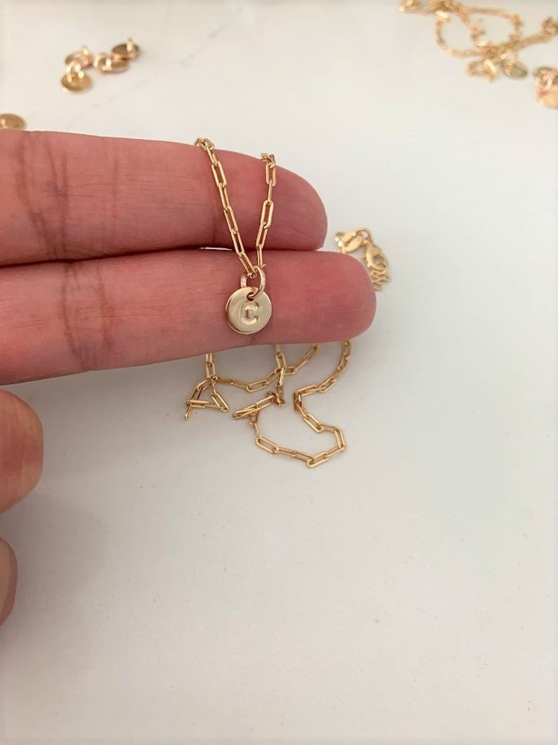Disc Initial & Tiny Paper Clip Necklace
