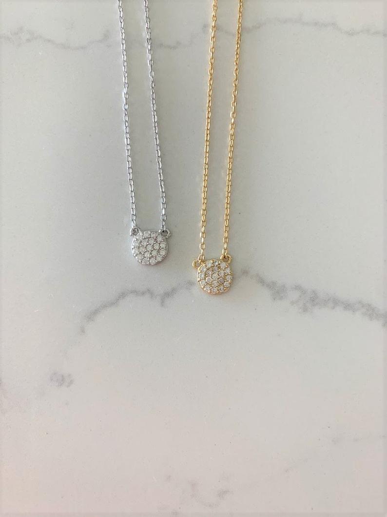 Small Pave Disc Necklace | Sterling Silver Circle necklace