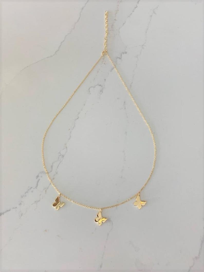 Sterling Silver Butterflies Necklace, Gold Vermeil on 925 Sterling Silver, Hanging Butterflies Necklace, Butterfly Charms Necklace