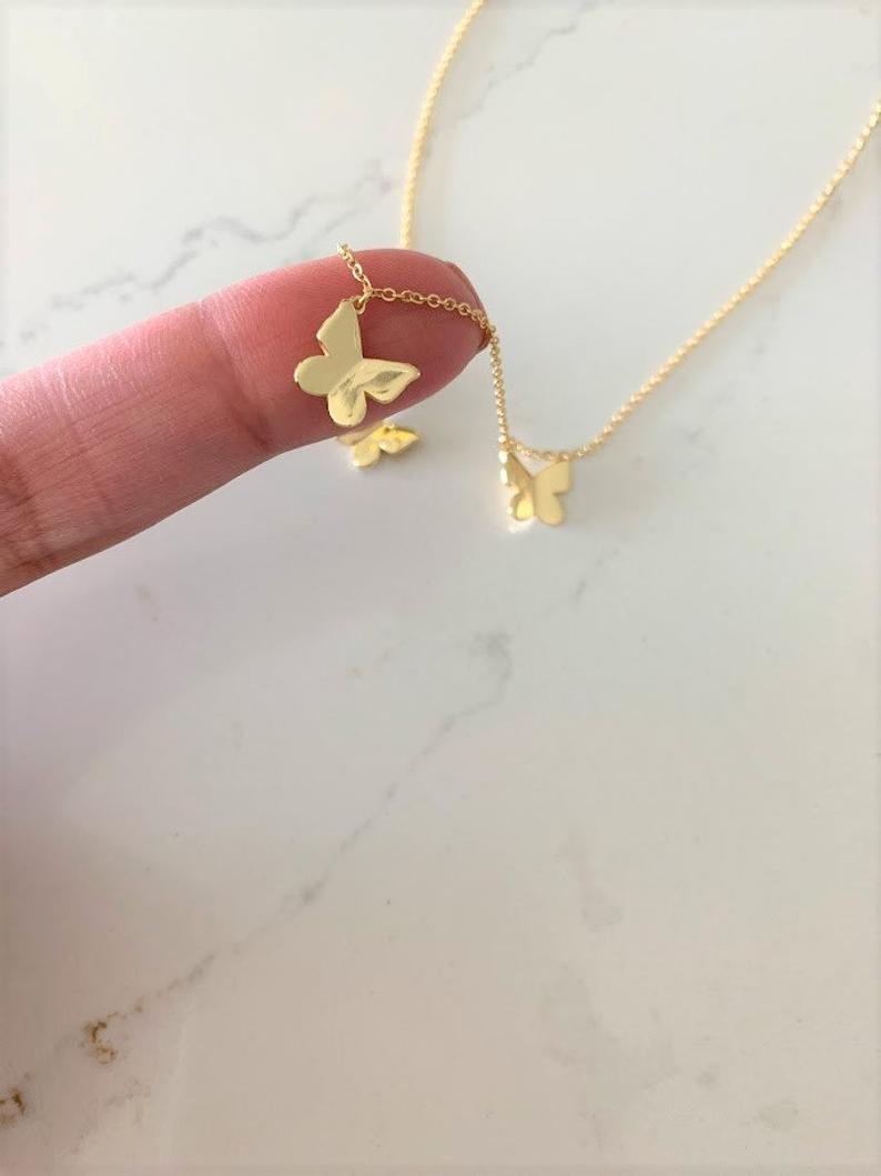 Sterling Silver Butterflies Necklace, Gold Vermeil on 925 Sterling Silver, Hanging Butterflies Necklace, Butterfly Charms Necklace