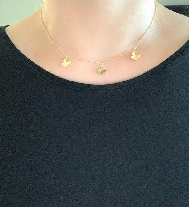 Sterling Silver Butterflies Necklace, Gold Vermeil on 925 Sterling Silver, Hanging Butterflies Necklace, Butterfly Charms Necklace