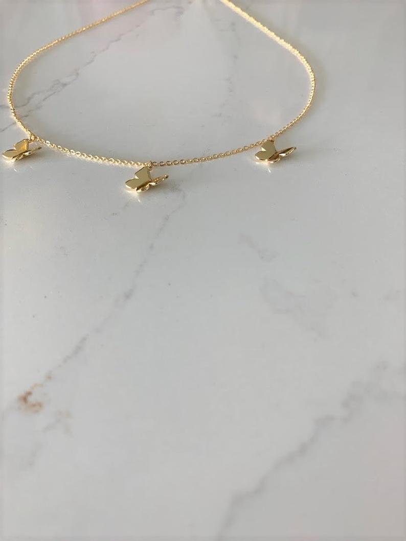 Sterling Silver Butterflies Necklace, Gold Vermeil on 925 Sterling Silver, Hanging Butterflies Necklace, Butterfly Charms Necklace
