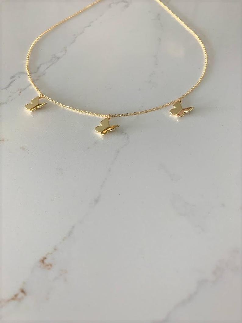 Sterling Silver Butterflies Necklace, Gold Vermeil on 925 Sterling Silver, Hanging Butterflies Necklace, Butterfly Charms Necklace