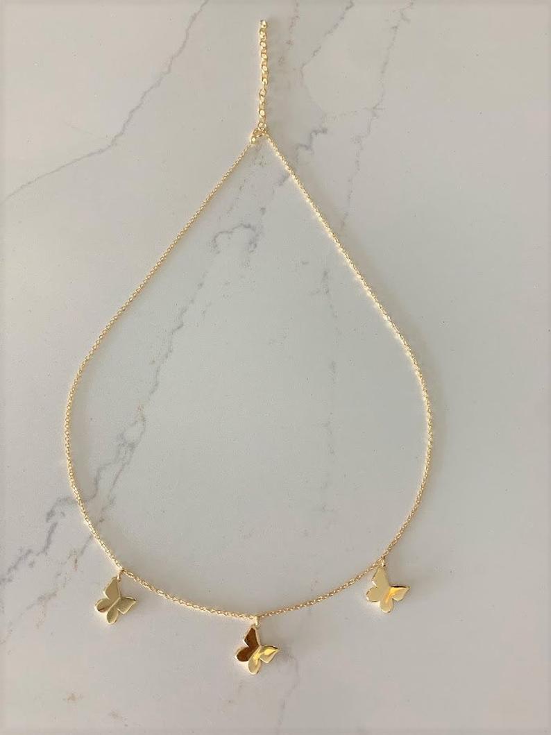 Sterling Silver Butterflies Necklace, Gold Vermeil on 925 Sterling Silver, Hanging Butterflies Necklace, Butterfly Charms Necklace