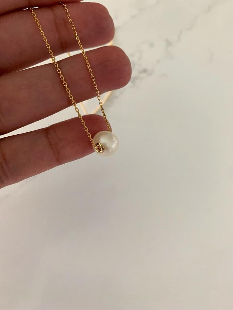 Single Pearl Necklace Sterling Silver, Gold, Bridesmaid gift, Floating pearl necklace, White pearl necklace, Wedding jewelry Bestseller