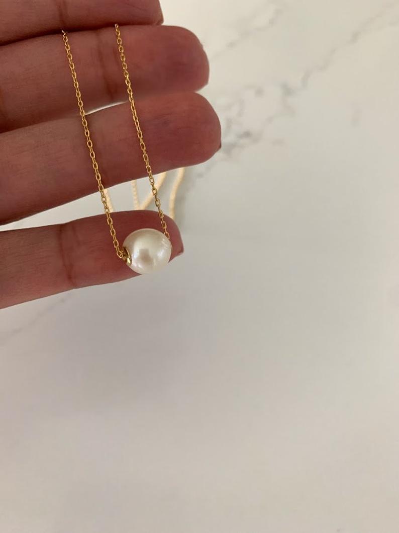 Single Pearl Necklace Sterling Silver, Gold, Bridesmaid gift, Floating pearl necklace, White pearl necklace, Wedding jewelry Bestseller