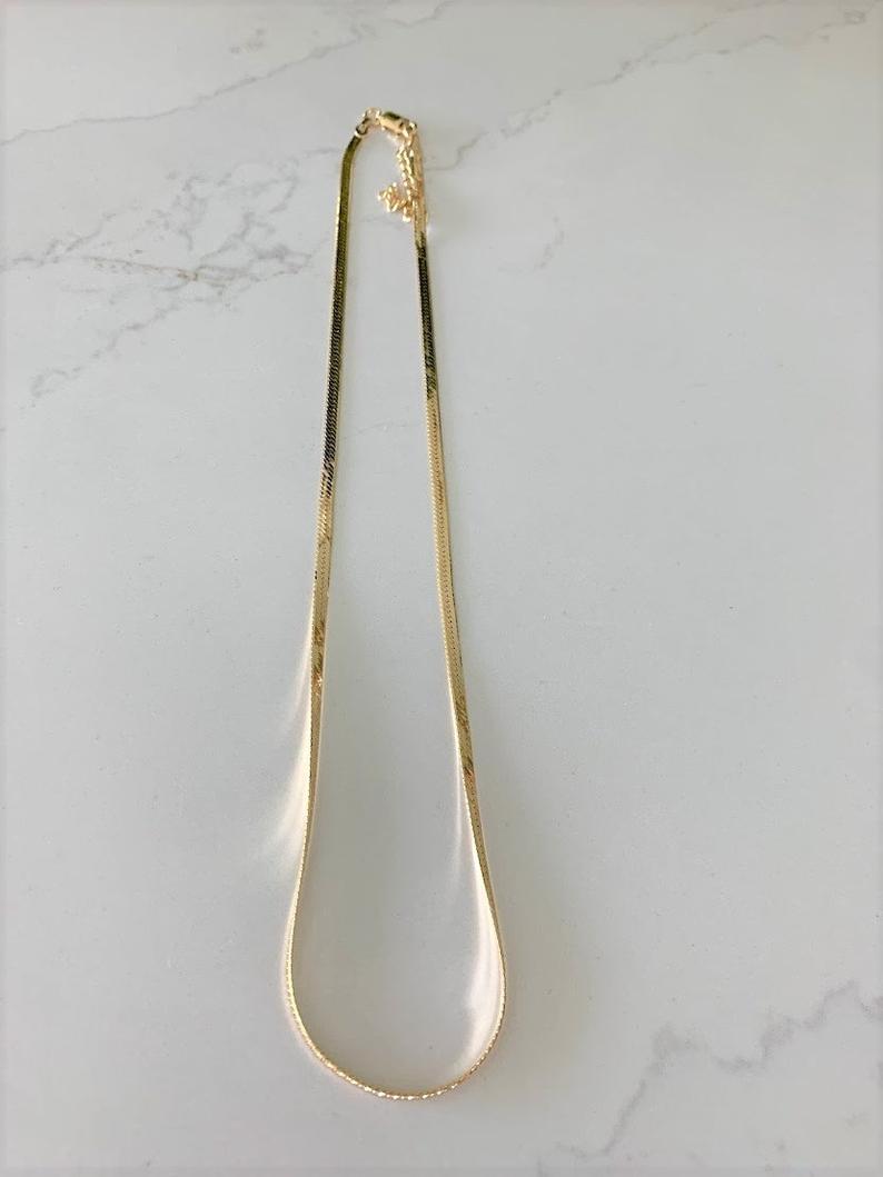 Thin Gold and Glossy Herringbone Necklace in Gold Vermeil
