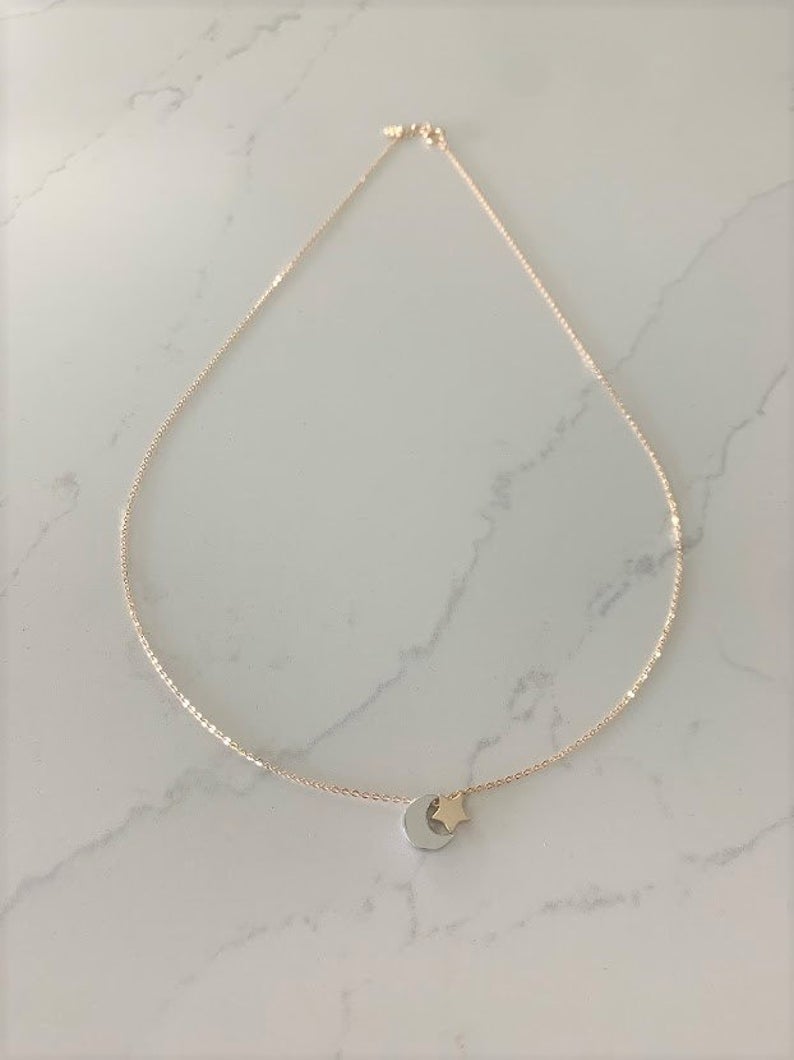 Two Tone 14K Gold Moon and Star Necklace