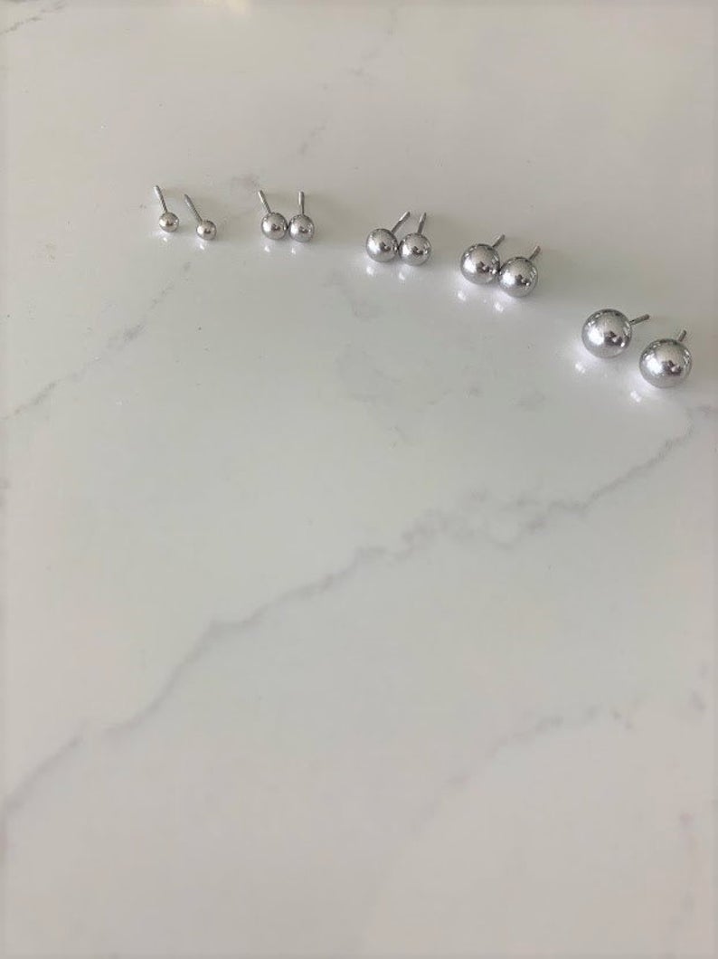 14K Solid White Gold Button Ball Earrings
