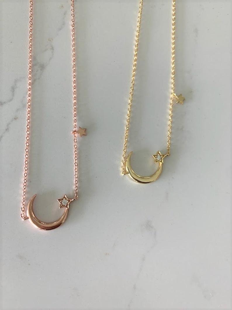 925 Sterling Silver Moon and Two Stars Necklace