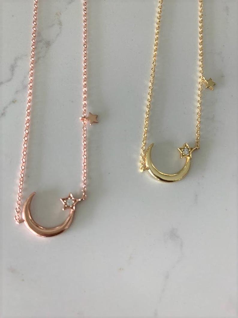 925 Sterling Silver Moon and Two Stars Necklace