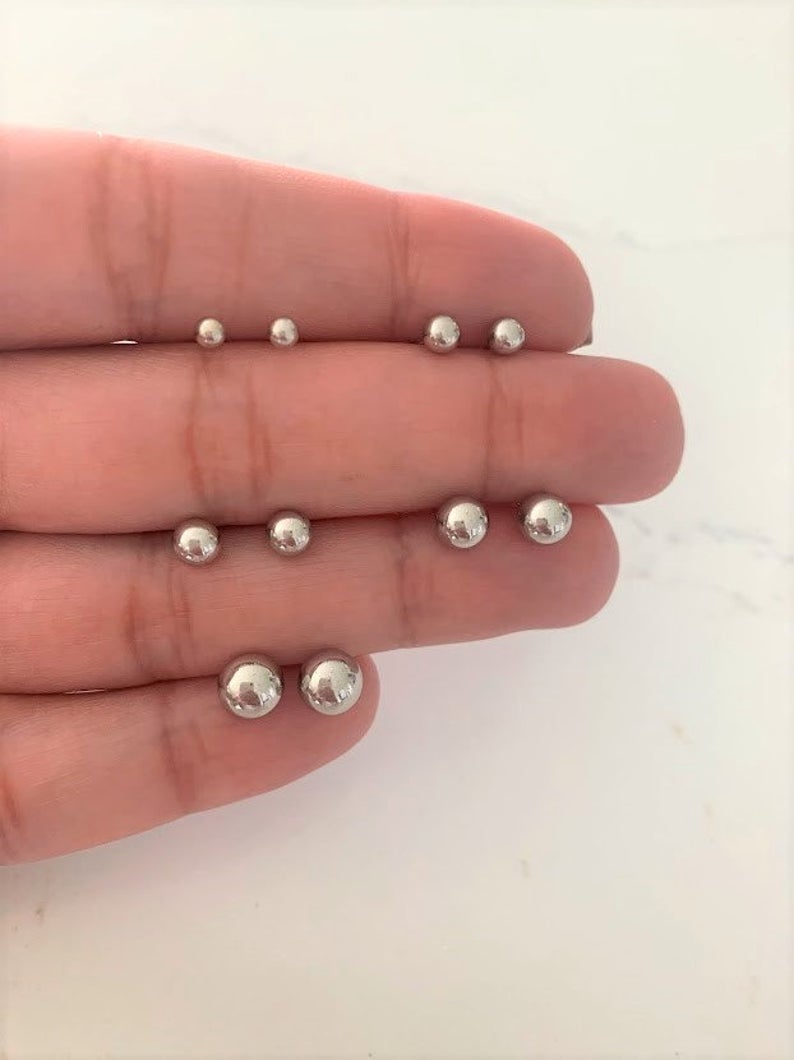 14K Solid White Gold Button Ball Earrings