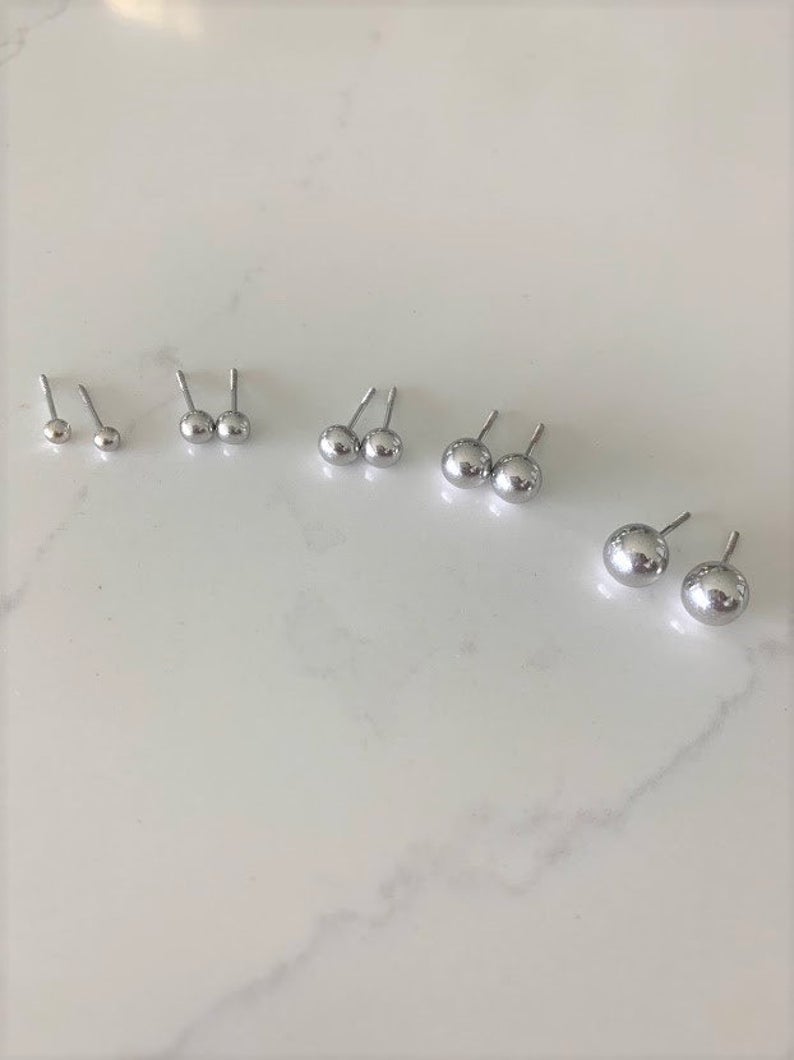 14K Solid White Gold Button Ball Earrings
