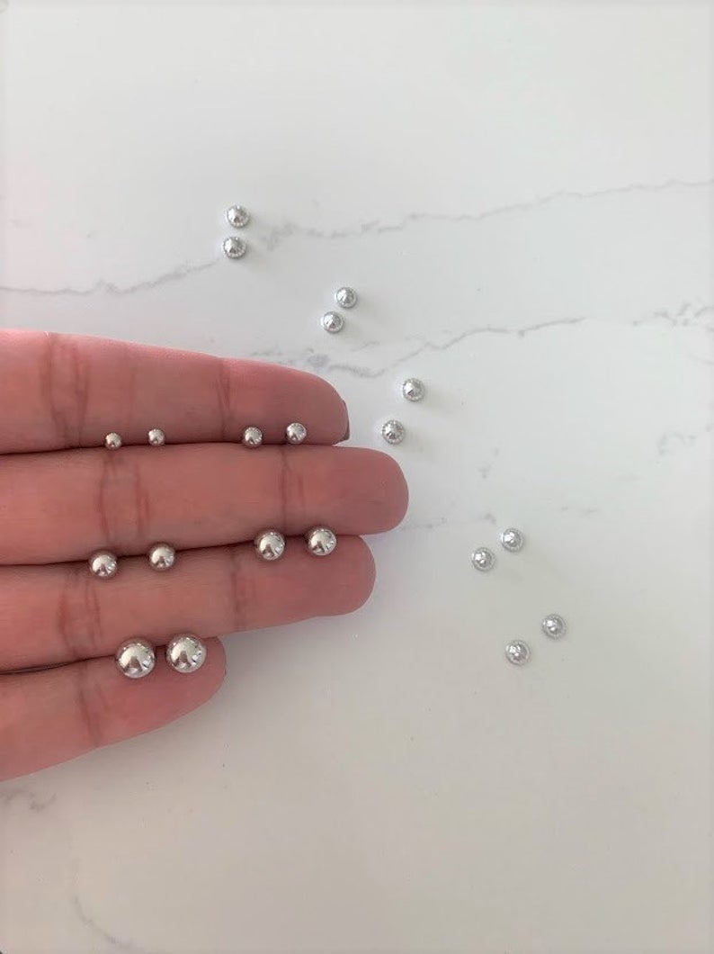 14K Solid White Gold Button Ball Earrings
