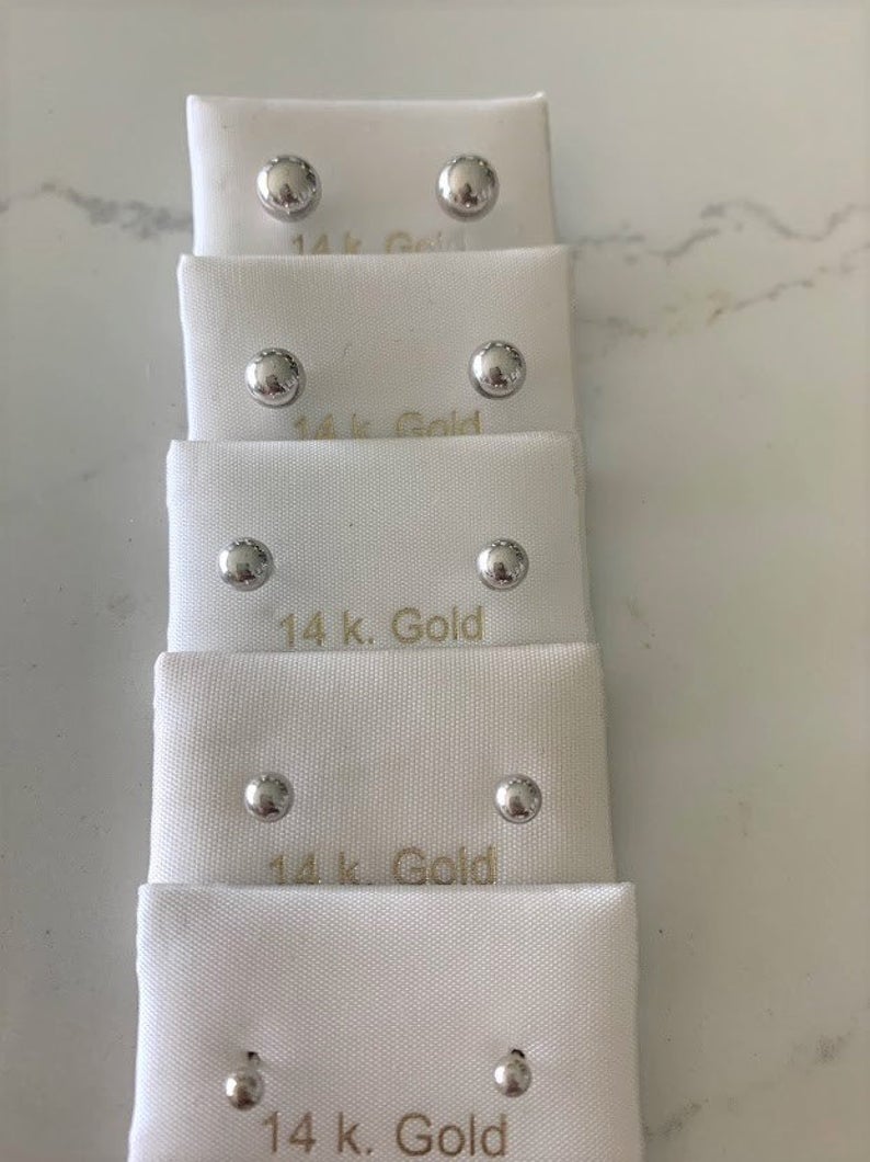 14K Solid White Gold Button Ball Earrings