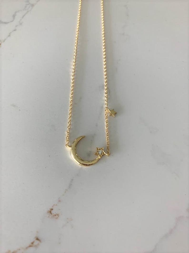 925 Sterling Silver Moon and Two Stars Necklace