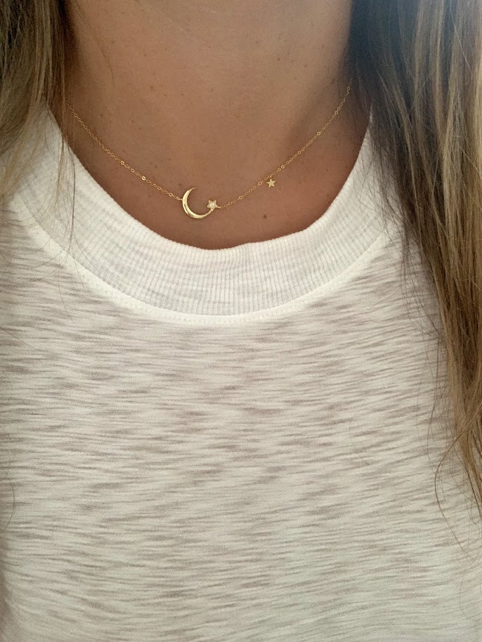 925 Sterling Silver Moon and Two Stars Necklace