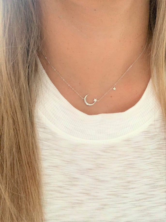 925 Sterling Silver Moon and Two Stars Necklace