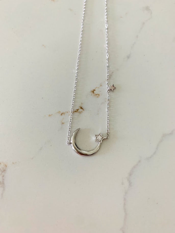 925 Sterling Silver Moon and Two Stars Necklace