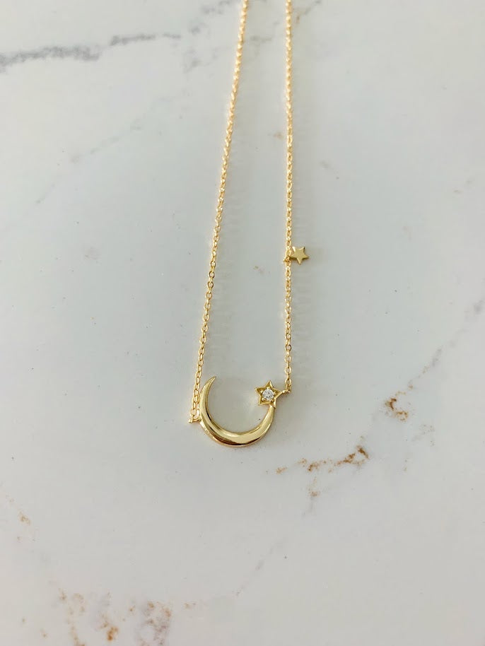 925 Sterling Silver Moon and Two Stars Necklace