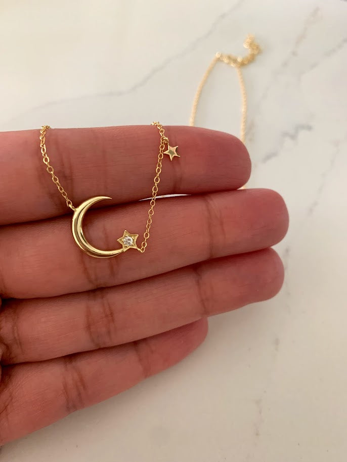 925 Sterling Silver Moon and Two Stars Necklace