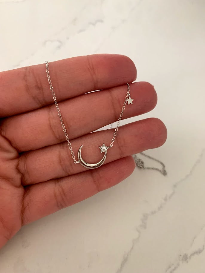 925 Sterling Silver Moon and Two Stars Necklace