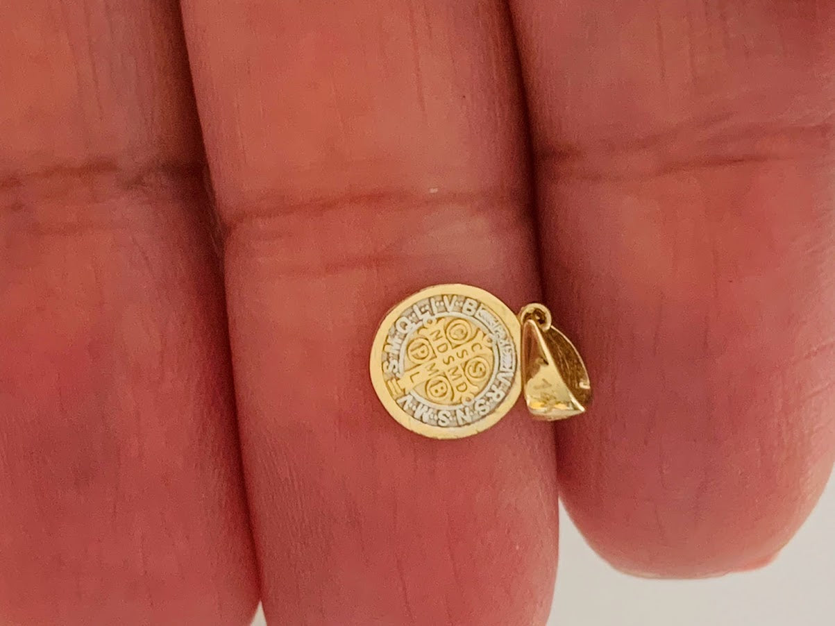 7MM 14K Solid Gold Saint Benedict | Yellow and White Religious | Saint Benedict Pendant | Two TONE 14K Solid Gold Pendant