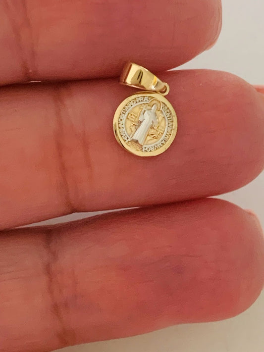 7MM 14K Solid Gold Saint Benedict | Yellow and White Religious | Saint Benedict Pendant | Two TONE 14K Solid Gold Pendant