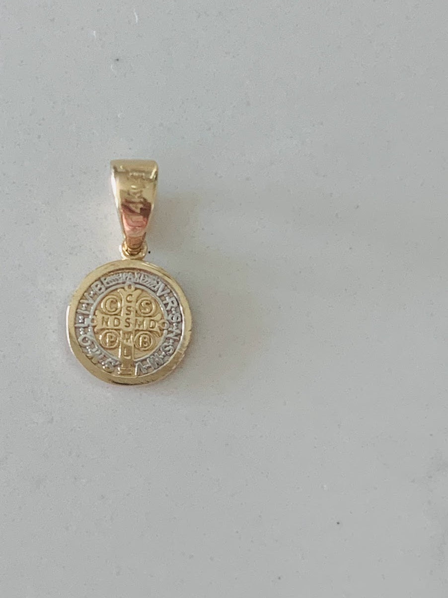 7MM 14K Solid Gold Saint Benedict | Yellow and White Religious | Saint Benedict Pendant | Two TONE 14K Solid Gold Pendant