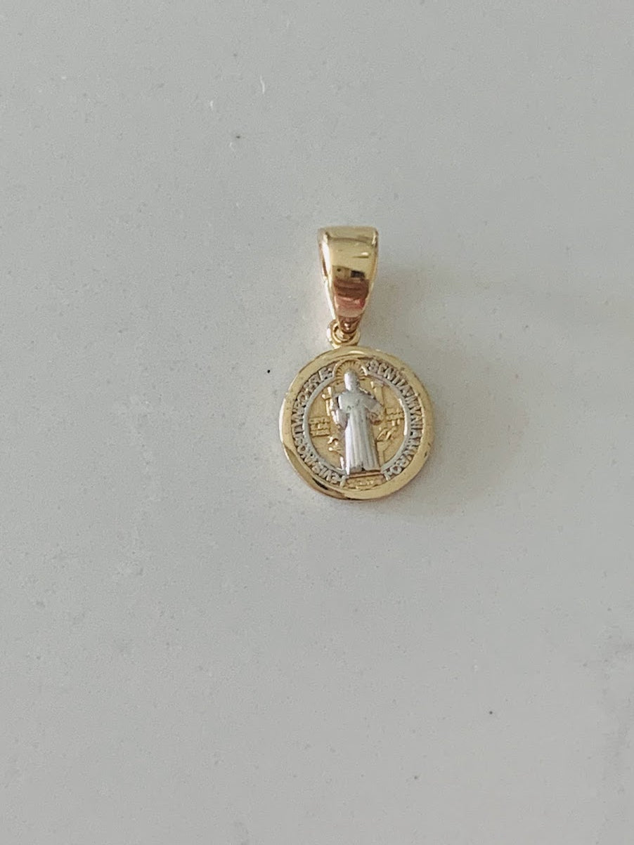 7MM 14K Solid Gold Saint Benedict | Yellow and White Religious | Saint Benedict Pendant | Two TONE 14K Solid Gold Pendant