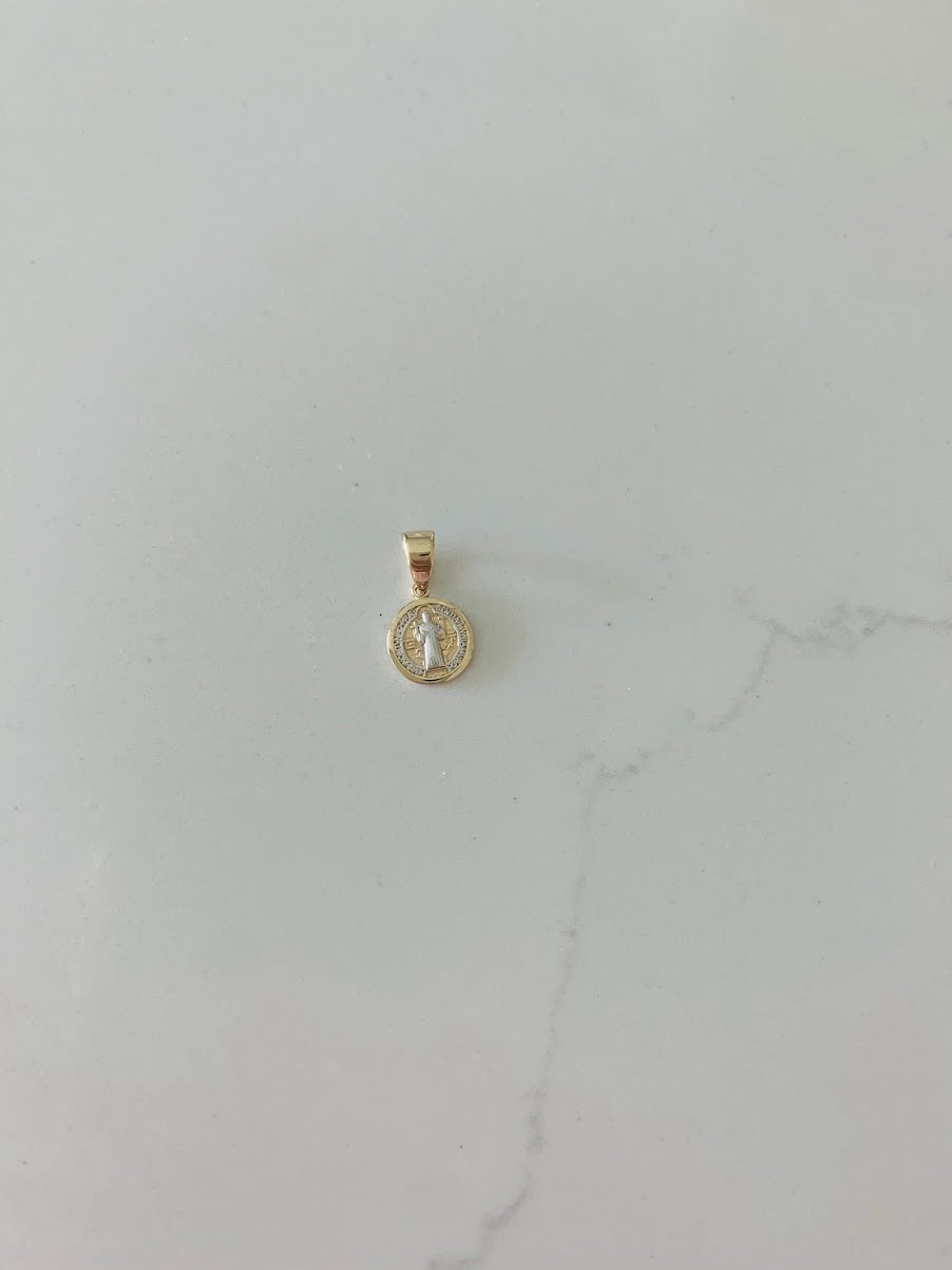 7MM 14K Solid Gold Saint Benedict | Yellow and White Religious | Saint Benedict Pendant | Two TONE 14K Solid Gold Pendant