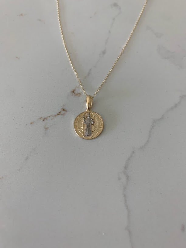 14K Gold Two Tone Saint Benedict Pendant on a Shiny Chain