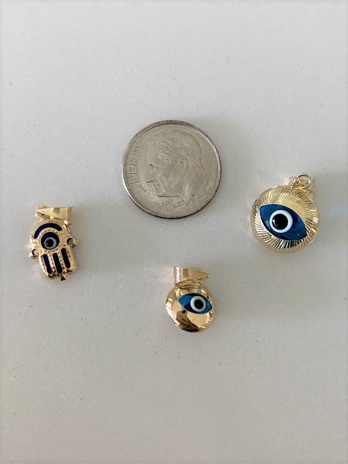 14K Solid Gold Evil Eye Pendant, Hamsa Evil Eye