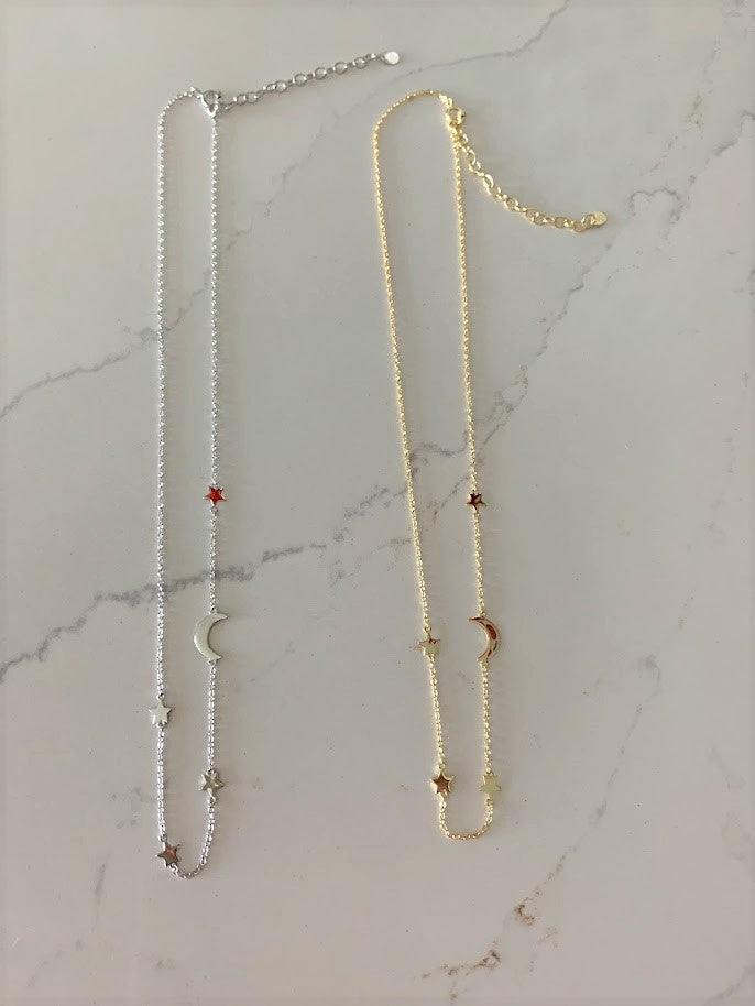 High Polish Moon and Stars Necklace with extender | Layering Necklace