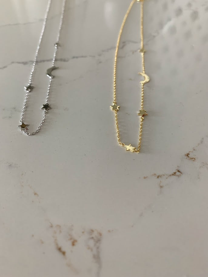 High Polish Moon and Stars Necklace with extender | Layering Necklace