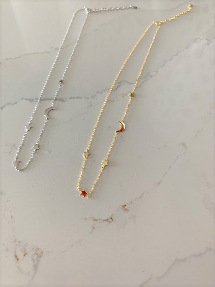 High Polish Moon and Stars Necklace with extender | Layering Necklace