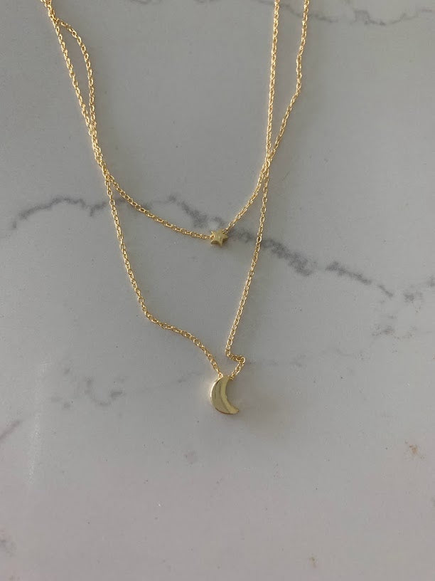 Gold Floating Moon & Star Necklace, Double Strand