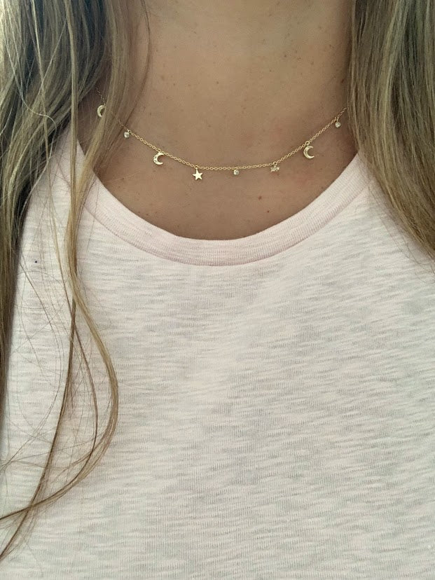 Moon and Stars Necklace, Dainty Necklace, Layering Necklace, Minimalist Jewelry, Star Necklace, Crescent Moon, Gold, Sterling Silver