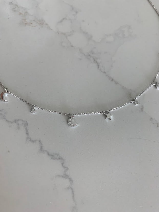 Moon and Stars Necklace, Dainty Necklace, Layering Necklace, Minimalist Jewelry, Star Necklace, Crescent Moon, Gold, Sterling Silver