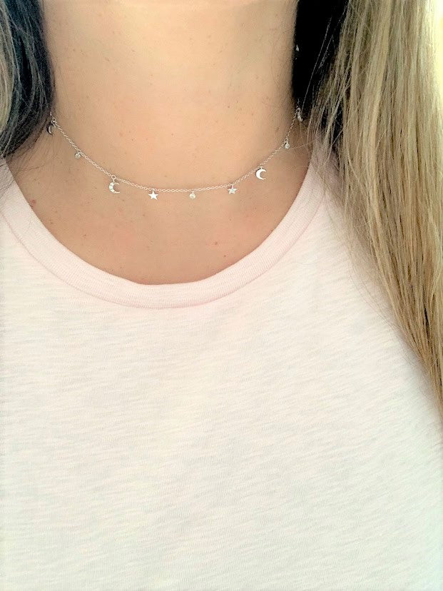 Moon and Stars Necklace, Dainty Necklace, Layering Necklace, Minimalist Jewelry, Star Necklace, Crescent Moon, Gold, Sterling Silver