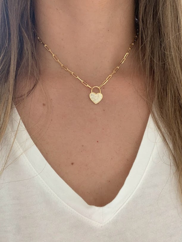 Heart Lock on Paperclip Necklace | Sterling Silver Drawn Cable Chain with a Heart Pendant