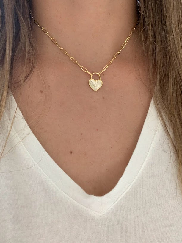 Heart Lock on Paperclip Necklace | Sterling Silver Drawn Cable Chain with a Heart Pendant