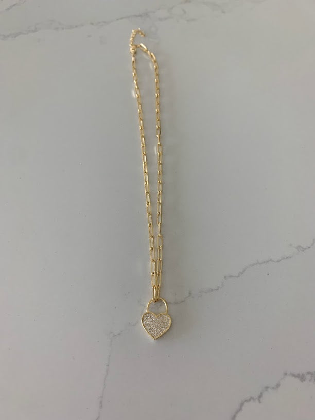 Heart Lock on Paperclip Necklace | Sterling Silver Drawn Cable Chain with a Heart Pendant