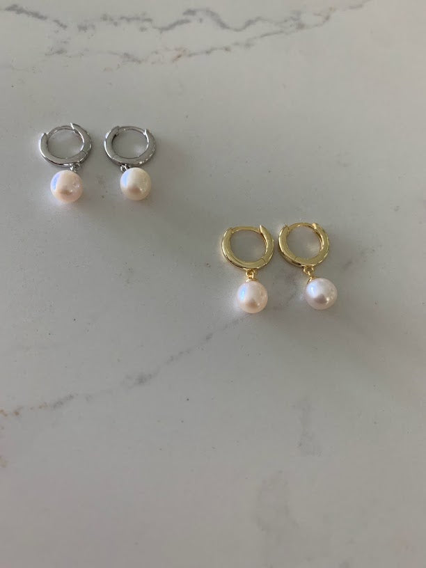 Pearl Huggie Earrings in Sterling Silver and Gold Vermeil, Real Freshwater Pearls